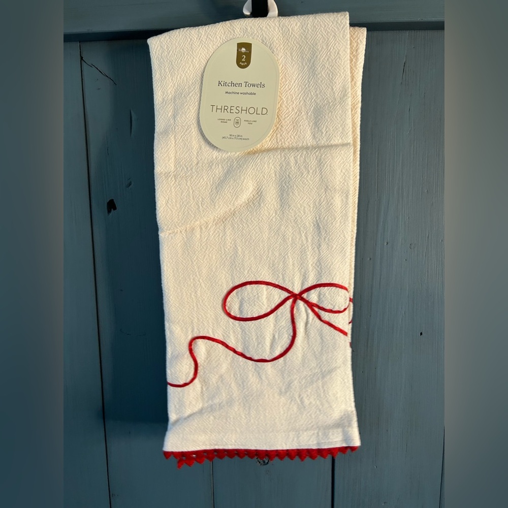 New Threshold White Kitchen Towel with Red Bow Embroidery Accent